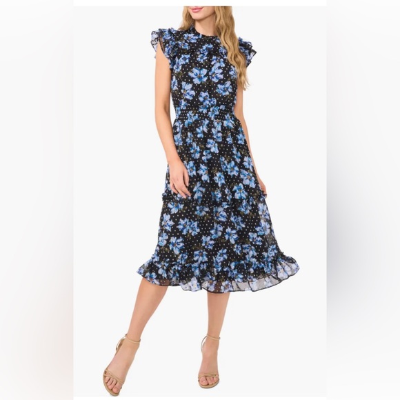 Cece Floral Clip Dot Smocked Ruffle Midi Dress - Picture 1 of 11
